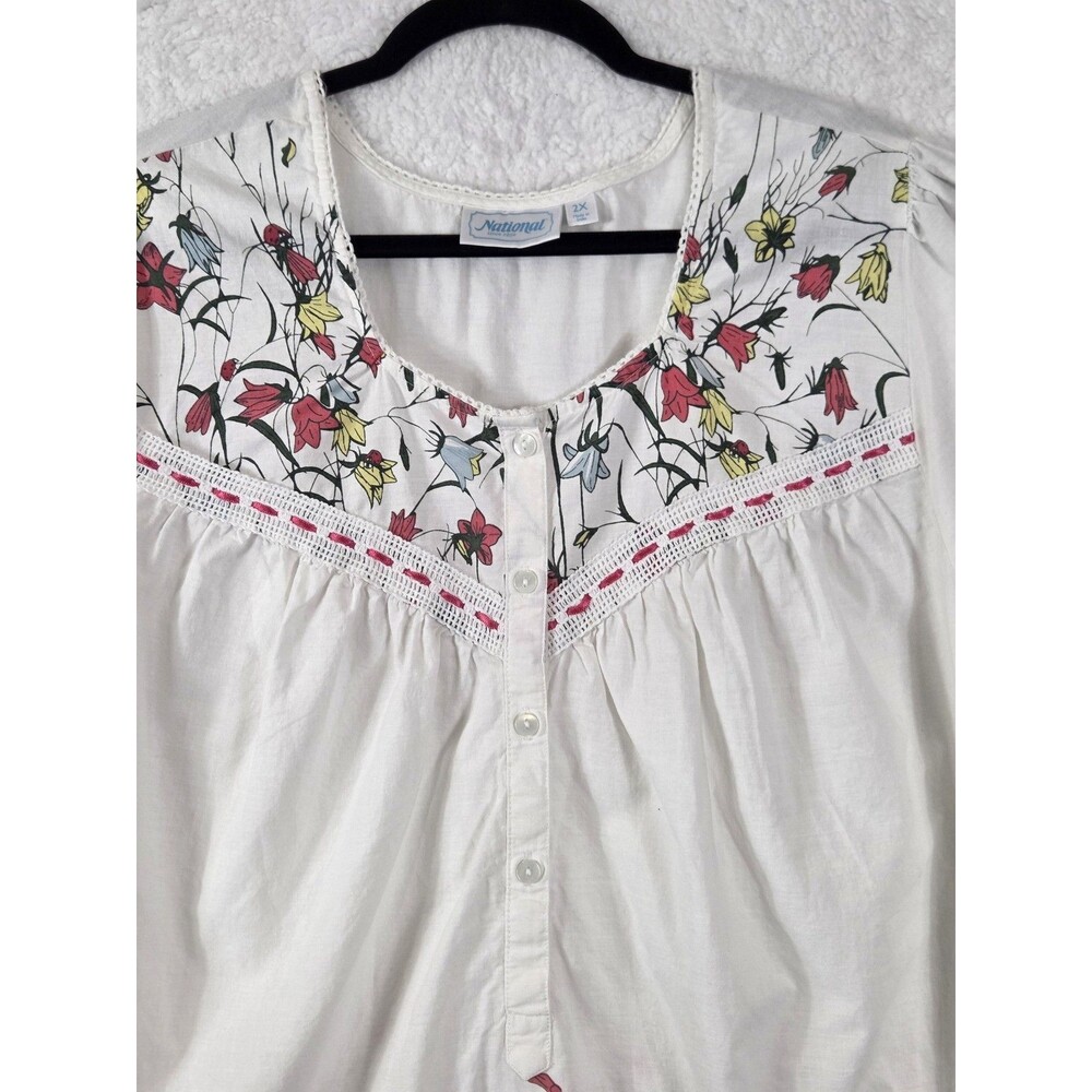 Vtg National House Dress Muumuu Womens 2X White Floral SS Ruffle Hem Cottagecore - Picture 2 of 8